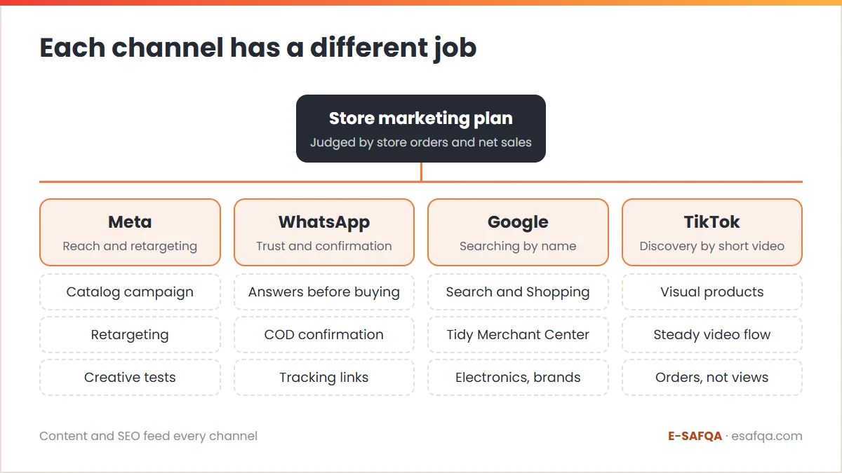 Tree of channel roles for a Jordanian online store: Meta for reach and retargeting, WhatsApp for trust and confirmation, Google for name searches and TikTok for discovery