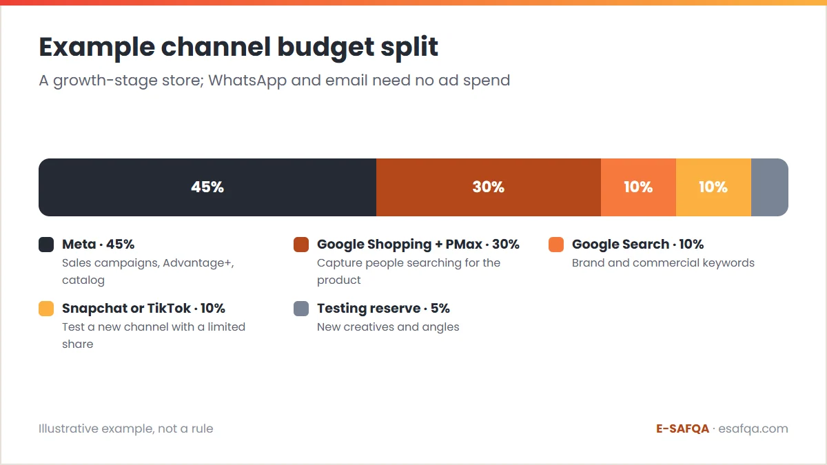 Illustrative budget split across channels: Meta 45%, Google Shopping and Performance Max 30%, Google Search 10%, Snapchat or TikTok 10% and a 5% testing reserve