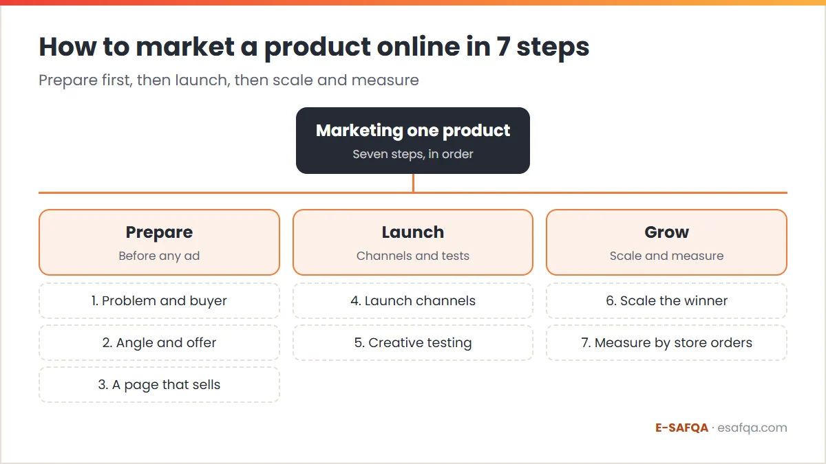 Diagram grouping the seven steps of marketing a product into three phases: prepare before any ad, launch and test, then scale and measure by store orders