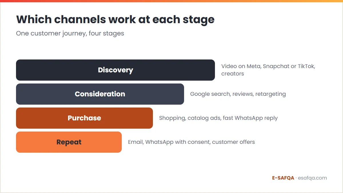 Funnel of the four stages of the customer journey, discovery, consideration, purchase and repeat, with the channels that work at each stage